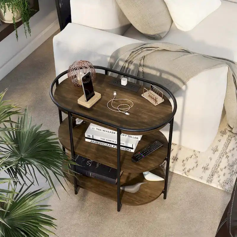Tavolino Moore Industrial Brown a 3 livelli da 26 pollici in acciaio con porte USB e prese di corrente di Furniture of America