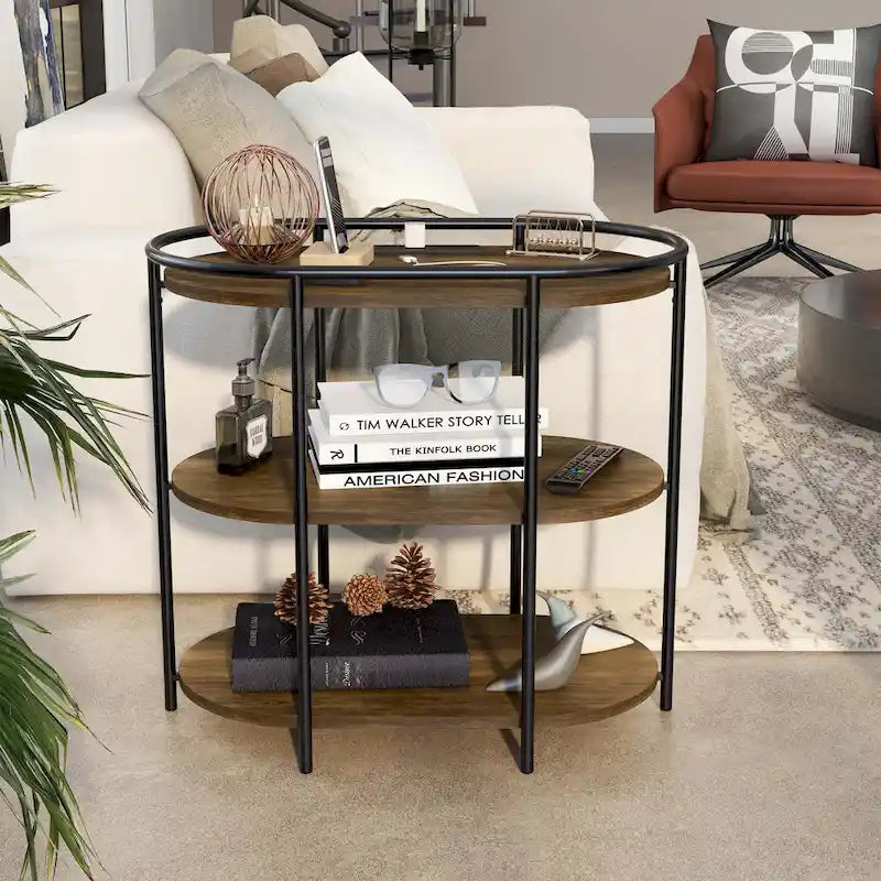 Tavolino Moore Industrial Brown a 3 livelli da 26 pollici in acciaio con porte USB e prese di corrente di Furniture of America