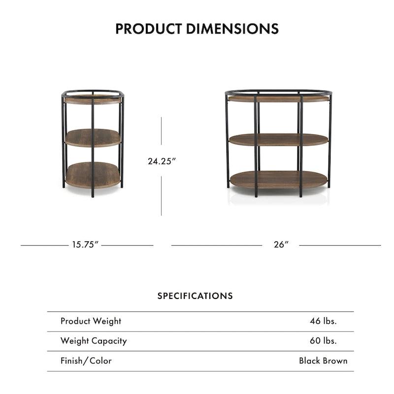 Tavolino Moore Industrial Brown a 3 livelli da 26 pollici in acciaio con porte USB e prese di corrente di Furniture of America