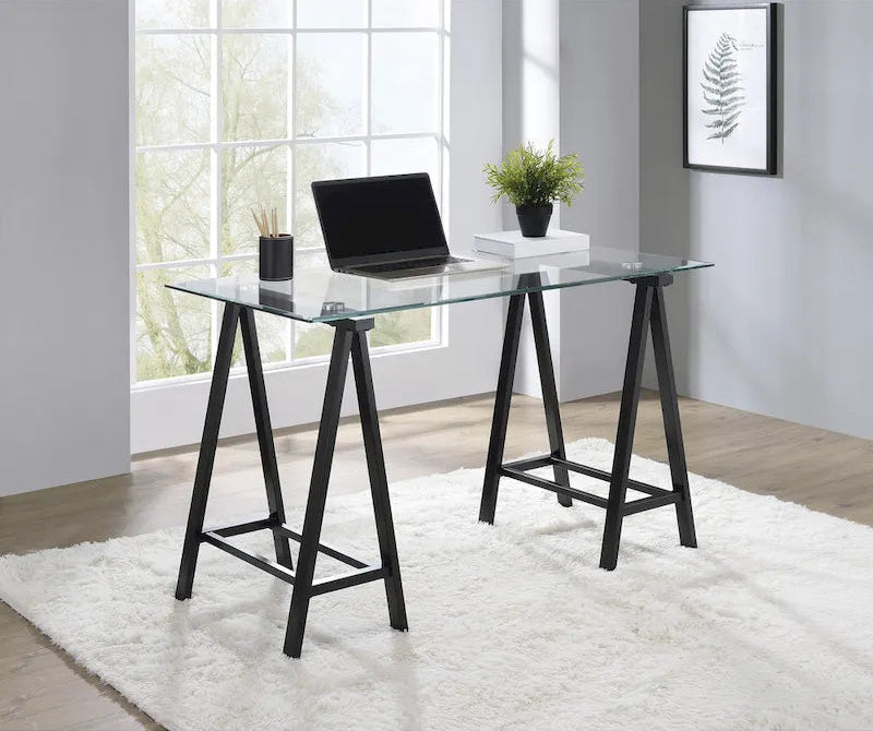 Scrivania Middleton con piano in vetro trasparente e base in metallo