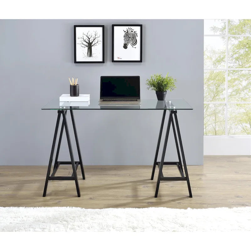 Scrivania Middleton con piano in vetro trasparente e base in metallo