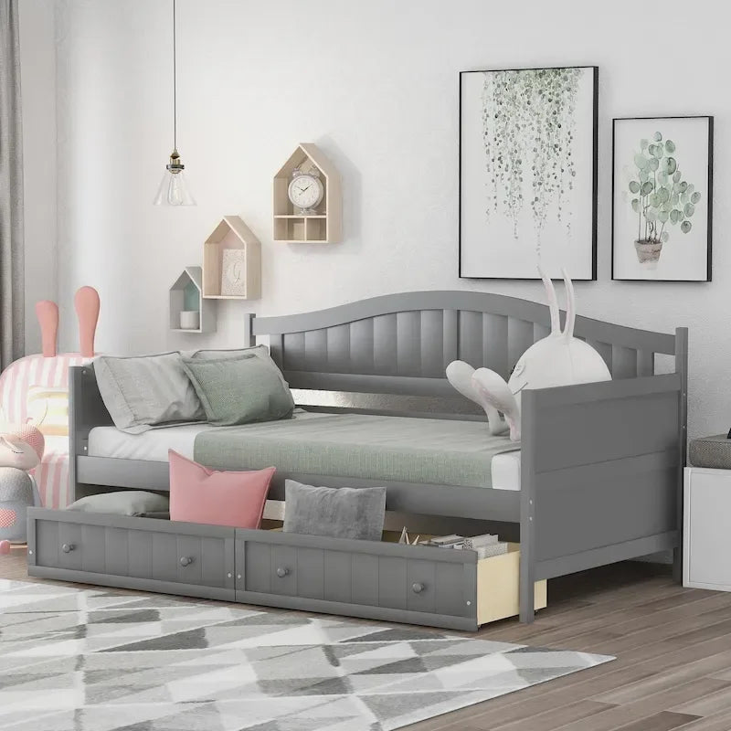 Divano Letto Singolo in Legno con 2 Cassetti / Letto Estraibile, Divano Letto per Camera da Letto Soggiorno, Nessuna Rete a Molle Necessaria