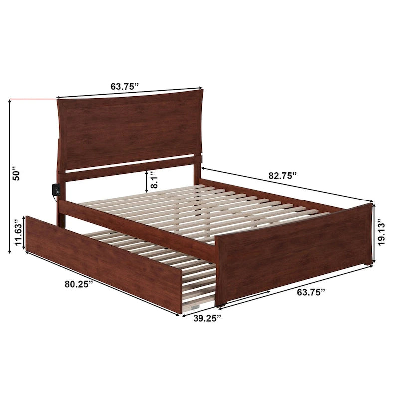 Letto a piattaforma in legno massiccio con pediera e letto estraibile abbinati
