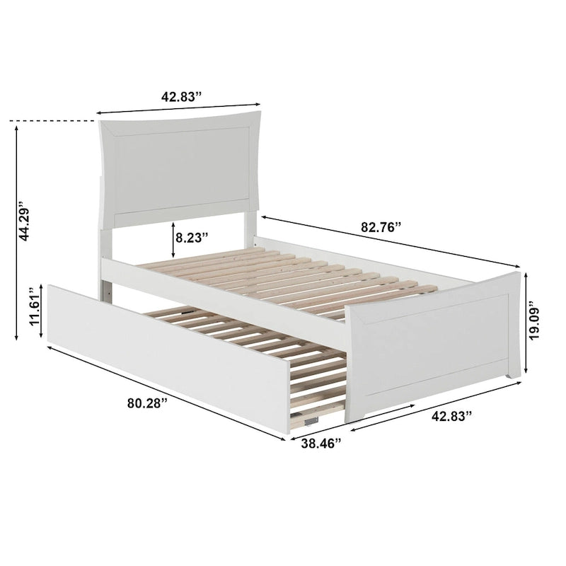 Letto a piattaforma in legno massiccio con pediera e letto estraibile abbinati
