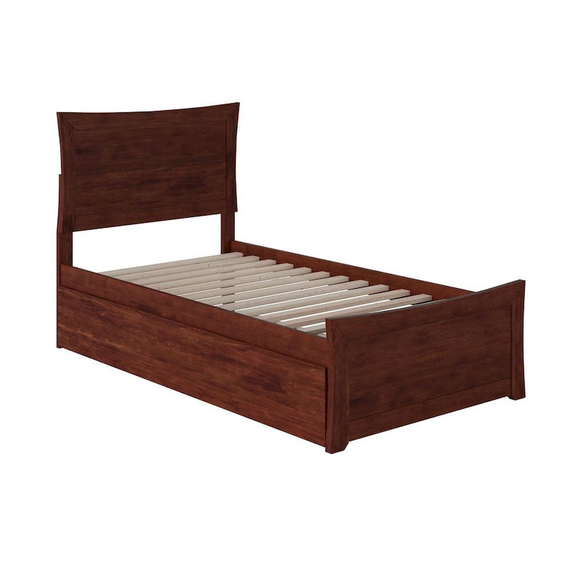 Letto a piattaforma in legno massiccio con pediera e letto estraibile abbinati
