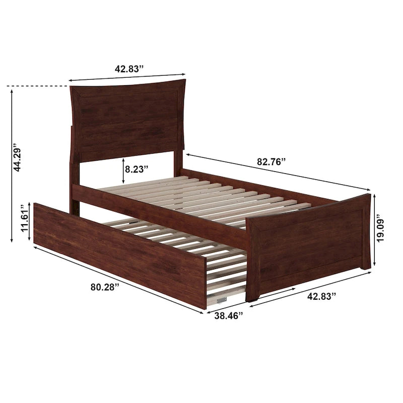 Letto a piattaforma in legno massiccio con pediera e letto estraibile abbinati