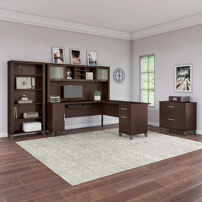 Scrivania a L Somerset 72W con credenza, armadietto e libreria in grigio