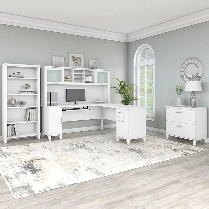 Scrivania a L Somerset 72W con credenza, armadietto e libreria in grigio