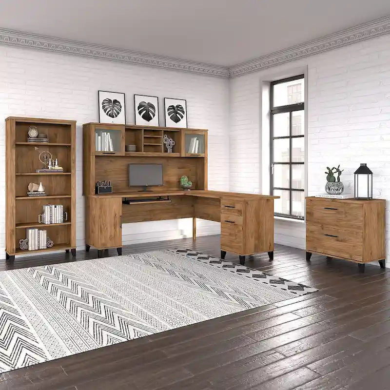 Scrivania a L Somerset 72W con credenza, armadietto e libreria in grigio