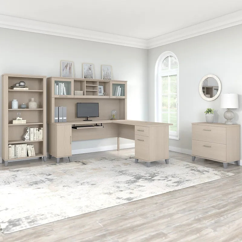 Scrivania a L Somerset 72W con credenza, armadietto e libreria in grigio