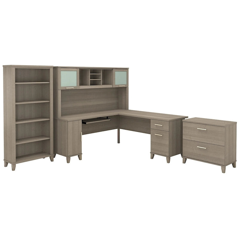 Scrivania a L Somerset 72W con credenza, armadietto e libreria in grigio
