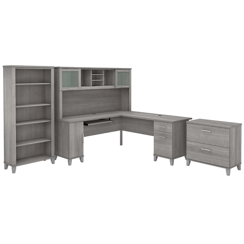Scrivania a L Somerset 72W con credenza, armadietto e libreria in grigio