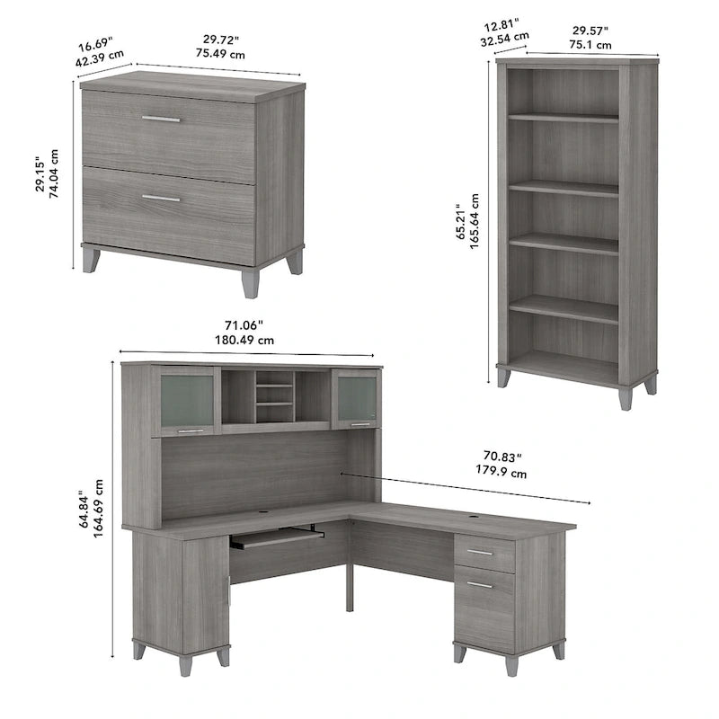 Scrivania a L Somerset 72W con credenza, armadietto e libreria in grigio