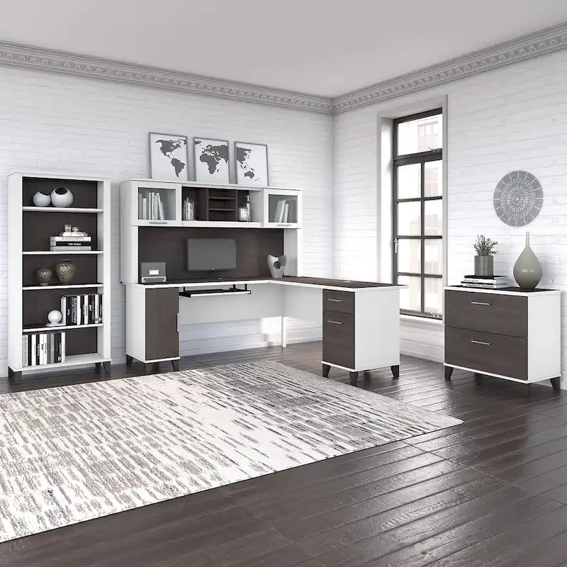 Scrivania a L Somerset 72W con credenza, armadietto e libreria in grigio