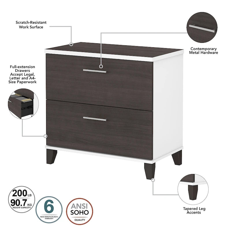 Scrivania a L Somerset 72W con credenza, armadietto e libreria in grigio
