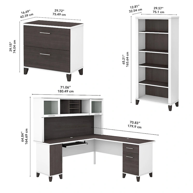 Scrivania a L Somerset 72W con credenza, armadietto e libreria in grigio