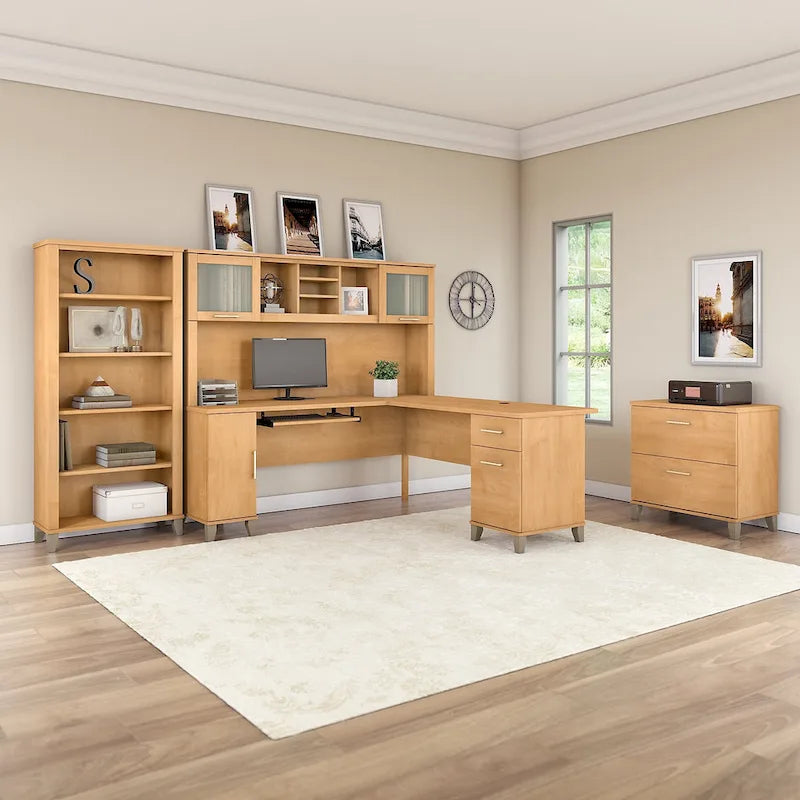 Scrivania a L Somerset 72W con credenza, armadietto e libreria in grigio