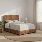 Hand Woven Banana Leaf Upholstered Wooden California King Size Bed, Brown