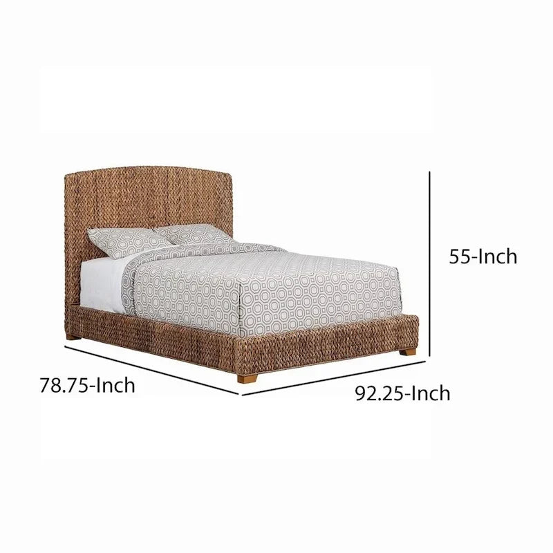 Letto California King Size in Legno Imbottito in Foglie di Banano Intrecciate a Mano, Marrone