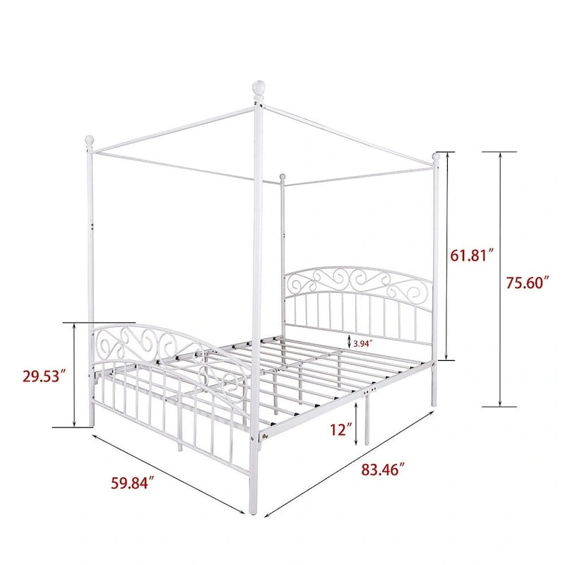 Classico letto a baldacchino in metallo, facile da montare