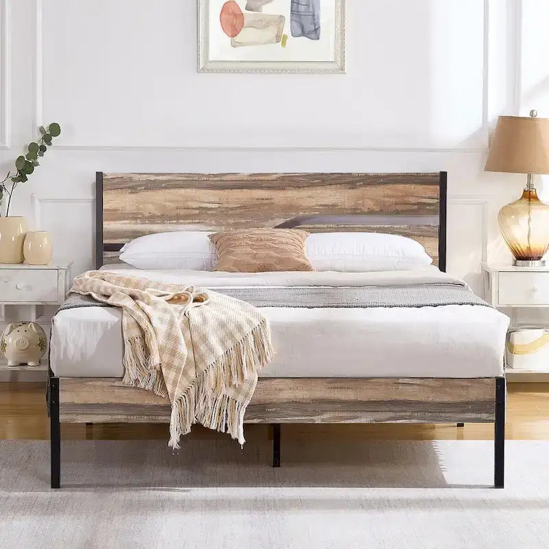 Telaio letto in metallo industriale con testiera in legno, piattaforma letto in metallo per letto singolo/matrimoniale/queen size, non è necessaria la rete a doghe, colore ardesia