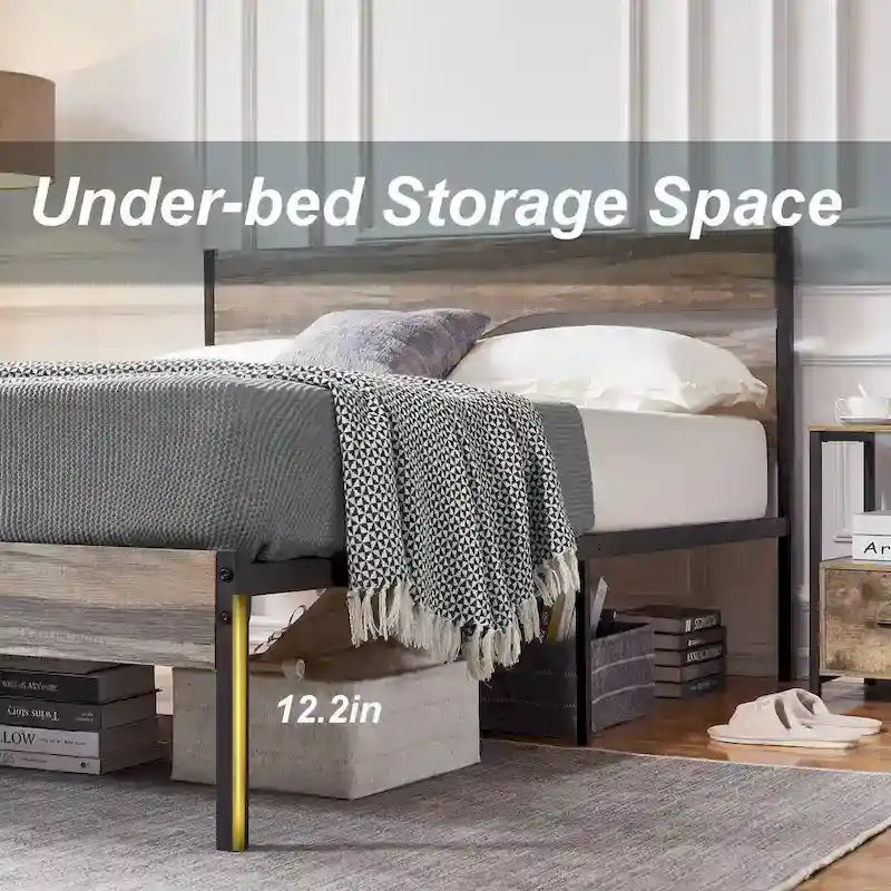 Telaio letto in metallo industriale con testiera in legno, piattaforma letto in metallo per letto singolo/matrimoniale/queen size, non è necessaria la rete a doghe, colore ardesia