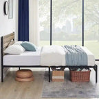Telaio letto in metallo industriale con testiera in legno, piattaforma letto in metallo per letto singolo/matrimoniale/queen size, non è necessaria la rete a doghe, colore ardesia