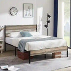 Telaio letto in metallo industriale con testiera in legno, piattaforma letto in metallo per letto singolo/matrimoniale/queen size, non è necessaria la rete a doghe, colore ardesia