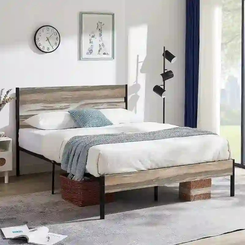 Telaio letto in metallo industriale con testiera in legno, piattaforma letto in metallo per letto singolo/matrimoniale/queen size, non è necessaria la rete a doghe, colore ardesia