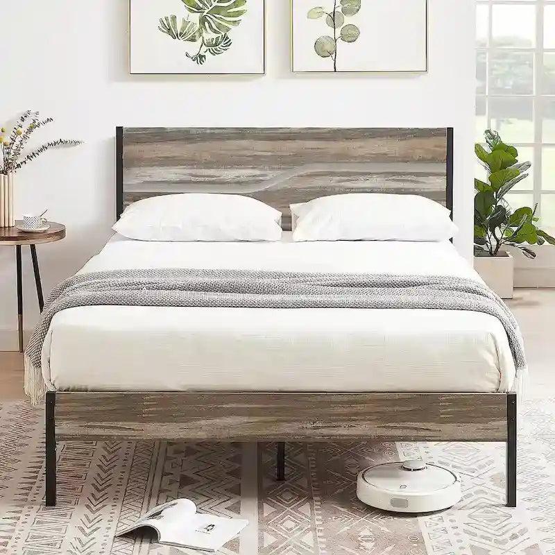 Telaio letto in metallo industriale con testiera in legno, piattaforma letto in metallo per letto singolo/matrimoniale/queen size, non è necessaria la rete a doghe, colore ardesia