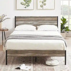 Telaio letto in metallo industriale con testiera in legno, piattaforma letto in metallo per letto singolo/matrimoniale/queen size, non è necessaria la rete a doghe, colore ardesia