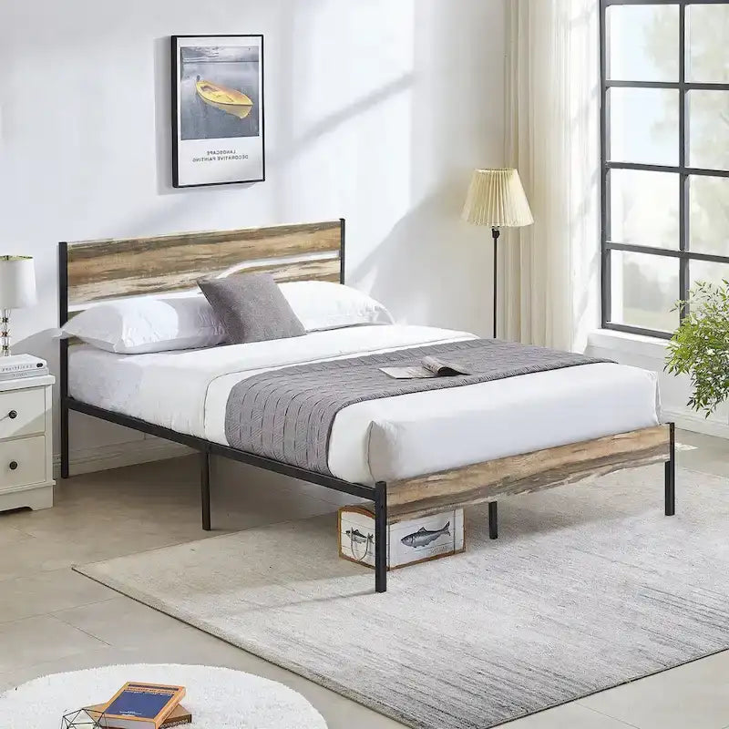 Telaio letto in metallo industriale con testiera in legno, piattaforma letto in metallo per letto singolo/matrimoniale/queen size, non è necessaria la rete a doghe, colore ardesia