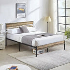 Telaio letto in metallo industriale con testiera in legno, piattaforma letto in metallo per letto singolo/matrimoniale/queen size, non è necessaria la rete a doghe, colore ardesia