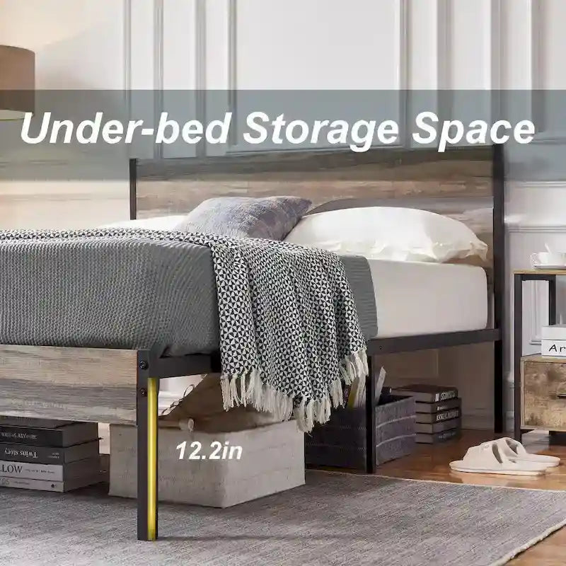 Telaio letto in metallo industriale con testiera in legno, piattaforma letto in metallo per letto singolo/matrimoniale/queen size, non è necessaria la rete a doghe, colore ardesia