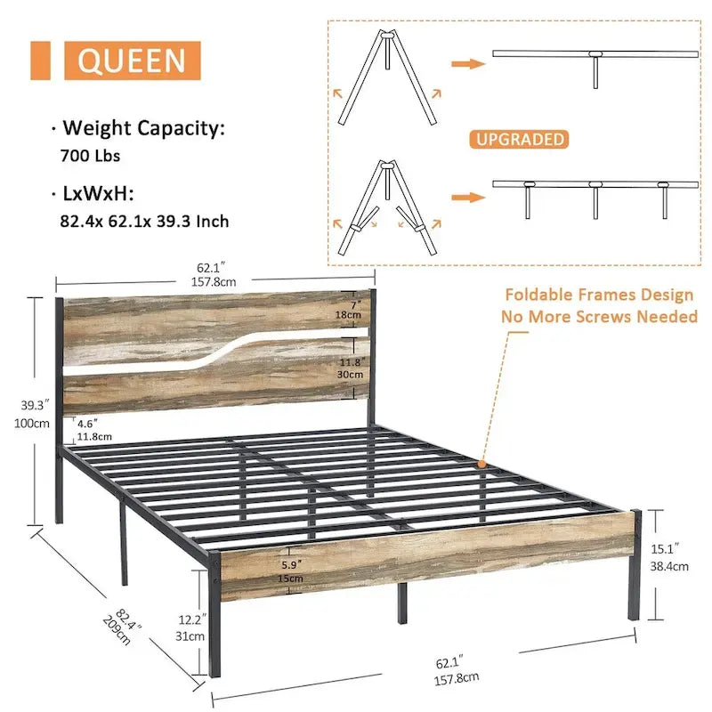 Telaio letto in metallo industriale con testiera in legno, piattaforma letto in metallo per letto singolo/matrimoniale/queen size, non è necessaria la rete a doghe, colore ardesia
