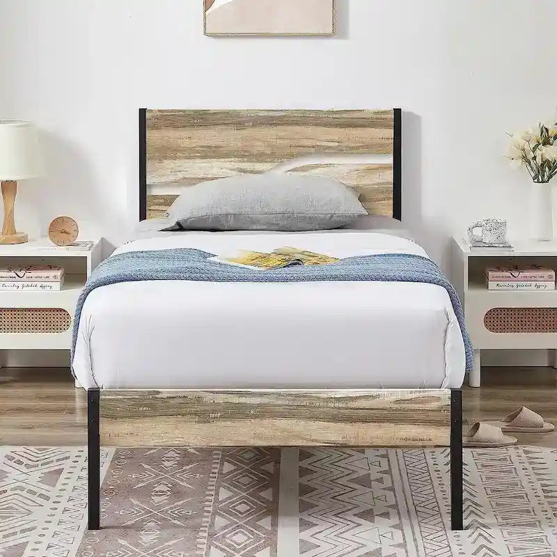 Telaio letto in metallo industriale con testiera in legno, piattaforma letto in metallo per letto singolo/matrimoniale/queen size, non è necessaria la rete a doghe, colore ardesia