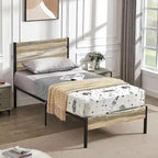 Telaio letto in metallo industriale con testiera in legno, piattaforma letto in metallo per letto singolo/matrimoniale/queen size, non è necessaria la rete a doghe, colore ardesia