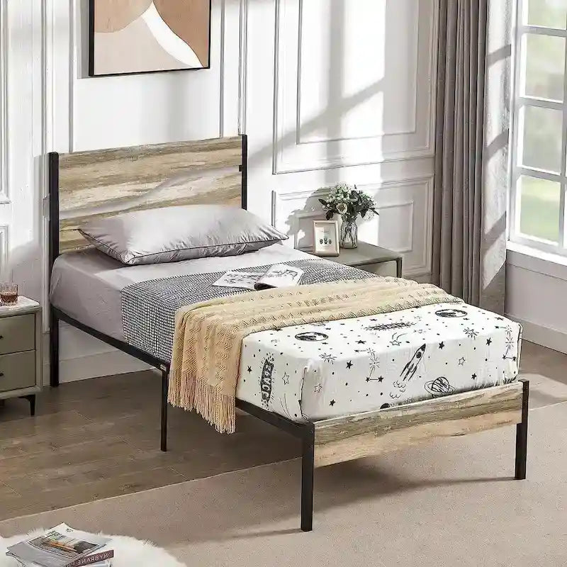 Telaio letto in metallo industriale con testiera in legno, piattaforma letto in metallo per letto singolo/matrimoniale/queen size, non è necessaria la rete a doghe, colore ardesia