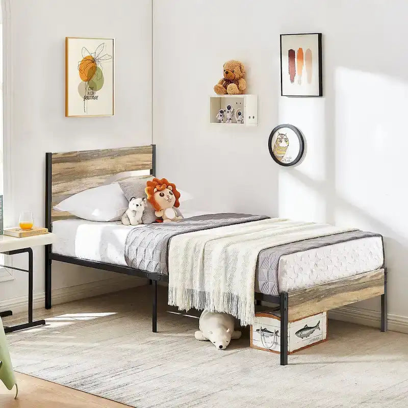 Telaio letto in metallo industriale con testiera in legno, piattaforma letto in metallo per letto singolo/matrimoniale/queen size, non è necessaria la rete a doghe, colore ardesia