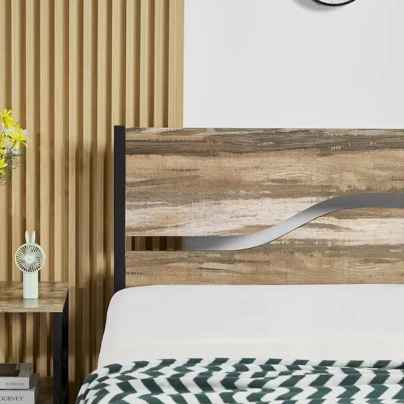 Telaio letto in metallo industriale con testiera in legno, piattaforma letto in metallo per letto singolo/matrimoniale/queen size, non è necessaria la rete a doghe, colore ardesia