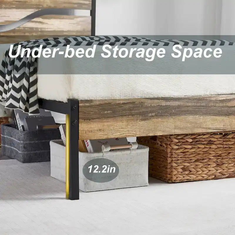 Telaio letto in metallo industriale con testiera in legno, piattaforma letto in metallo per letto singolo/matrimoniale/queen size, non è necessaria la rete a doghe, colore ardesia