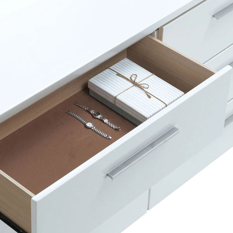 Comò e specchio a 2 pezzi a 6 cassetti, bianco contemporaneo
