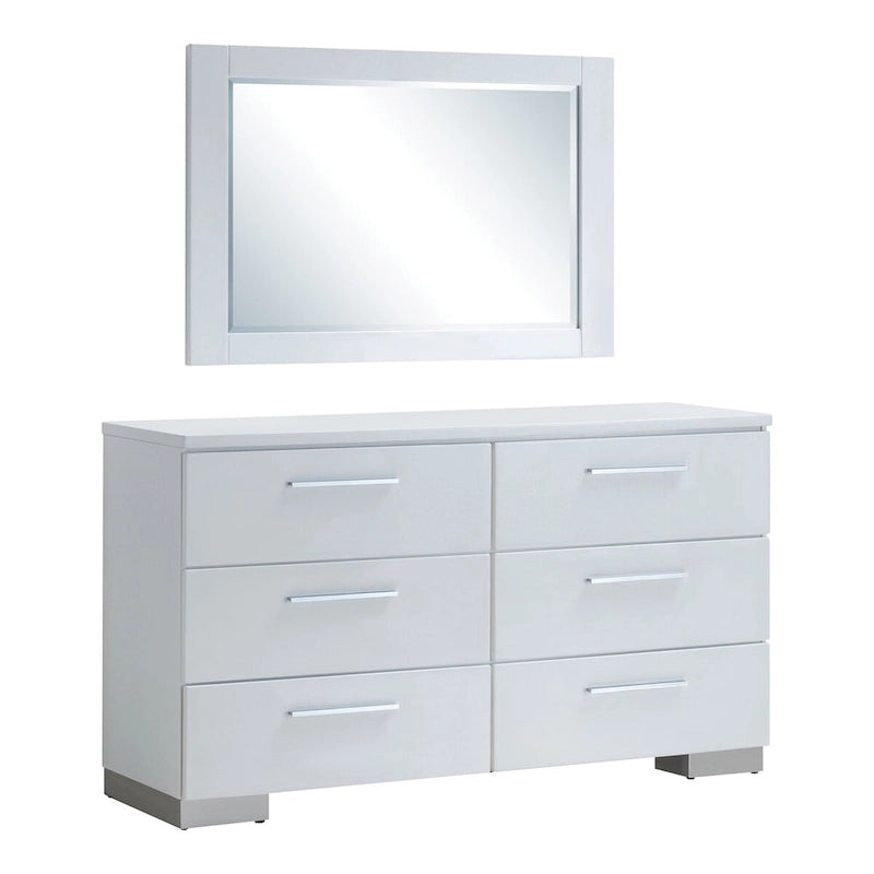 Comò e specchio a 2 pezzi a 6 cassetti, bianco contemporaneo