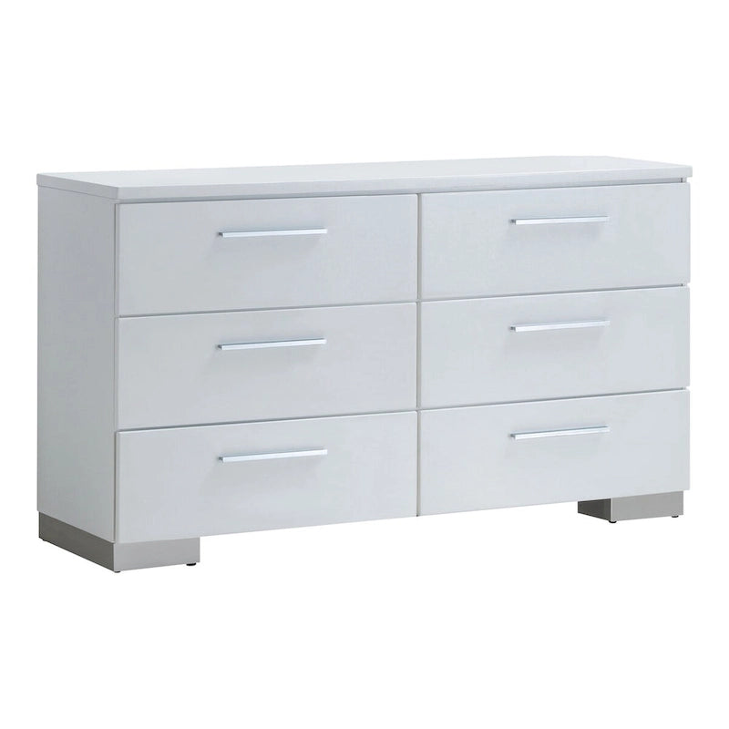 Comò e specchio a 2 pezzi a 6 cassetti, bianco contemporaneo