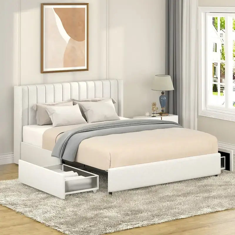 Letto con piattaforma imbottito in bouclé Queen Size con cassetto