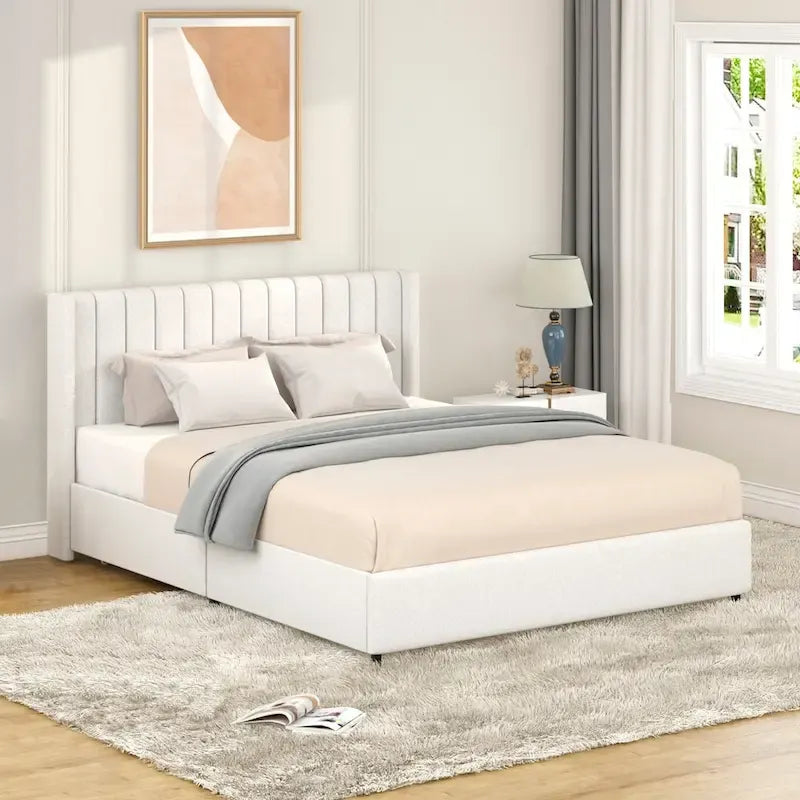Letto con piattaforma imbottito in bouclé Queen Size con cassetto