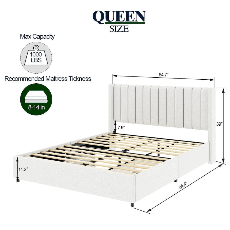 Letto con piattaforma imbottito in bouclé Queen Size con cassetto