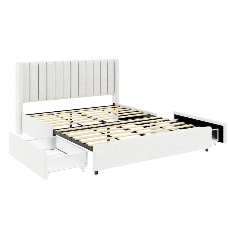 Letto con piattaforma imbottito in bouclé Queen Size con cassetto