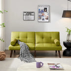 Divano letto futon convertibile con gambe in legno massello in tessuto di lino verde senape