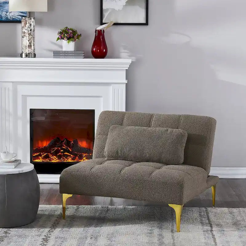 Divano letto futon convertibile con gambe in legno massello in tessuto di lino verde senape